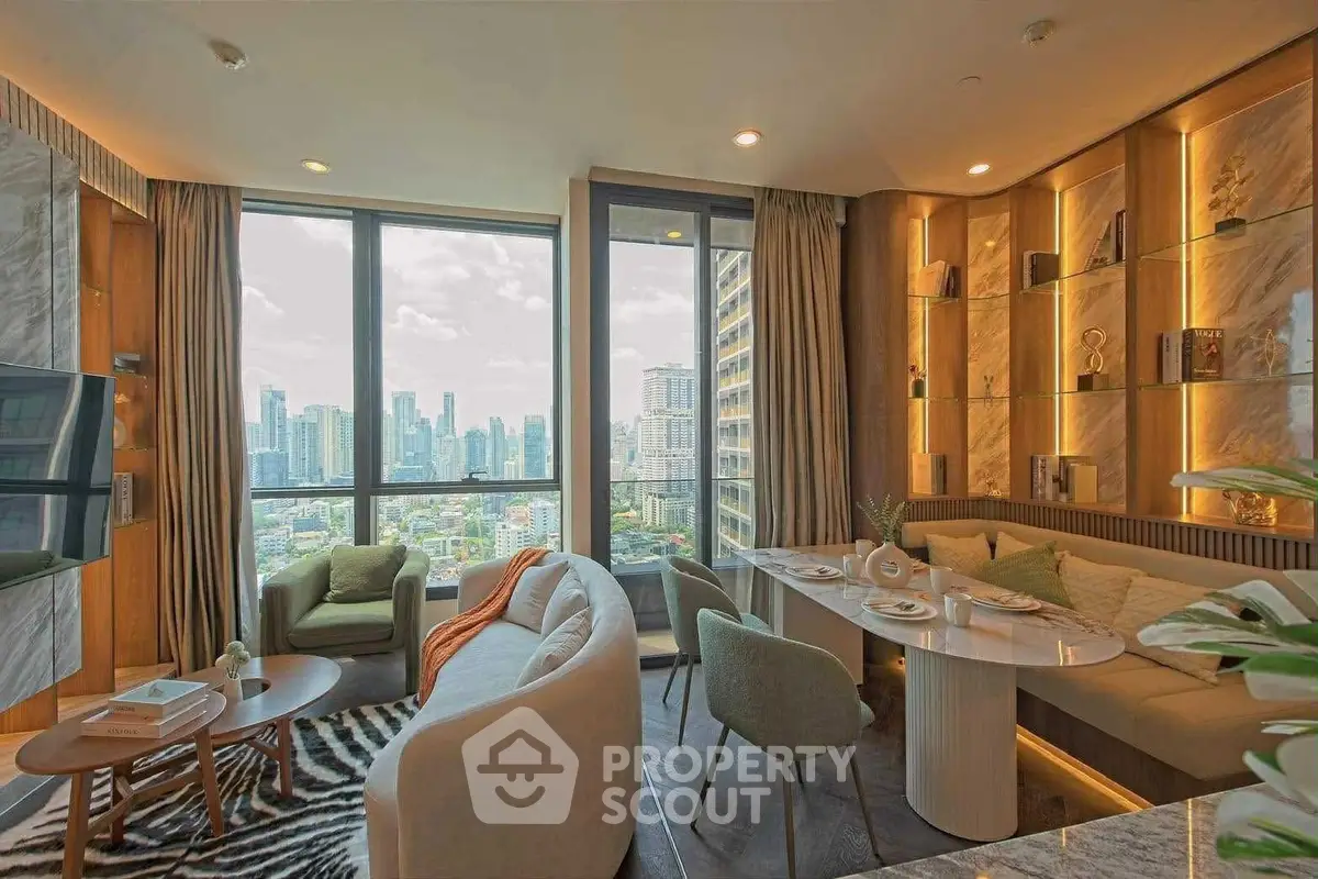 Luxurious living room with panoramic city view and elegant decor
