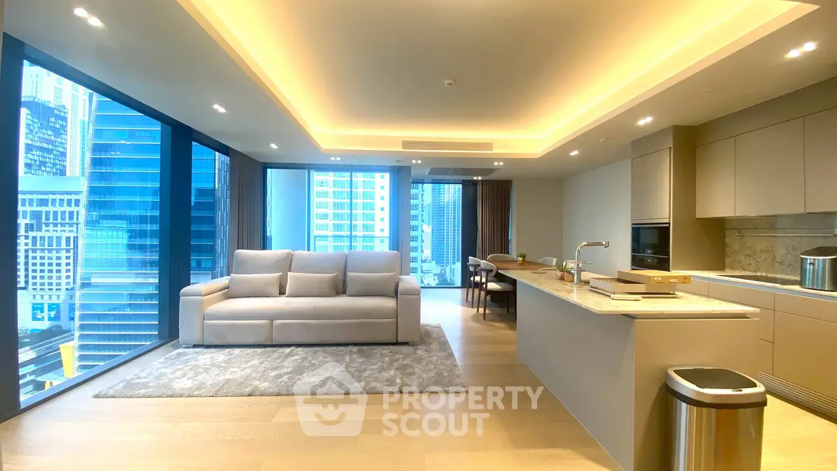 Luxurious modern living room with city view and open kitchen layout