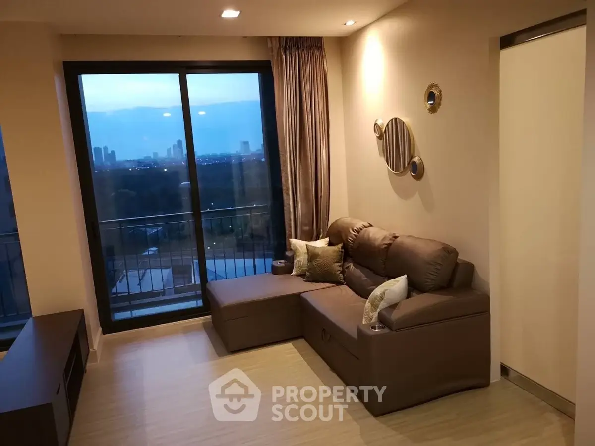 Stylish living room with modern sofa and city view balcony