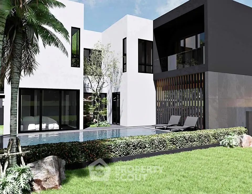 Modern luxury villa with sleek design and private pool in lush garden setting.
