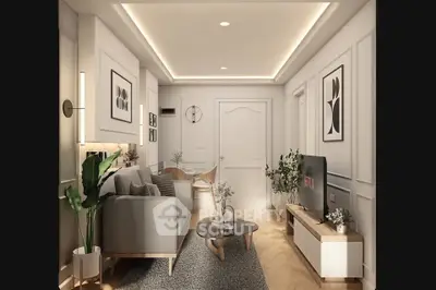 Modern living room with stylish decor and ambient lighting