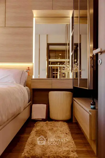Luxurious bedroom with modern wooden decor and ambient lighting