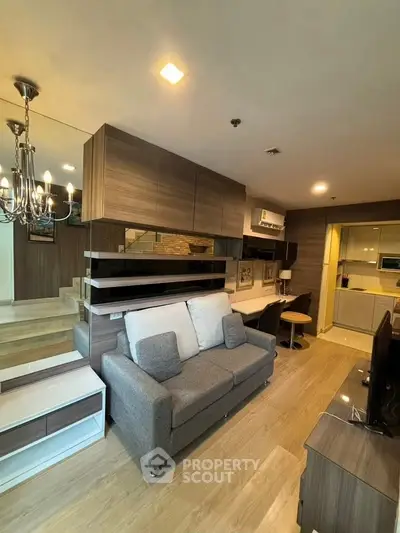 Modern living room with stylish decor and cozy seating area