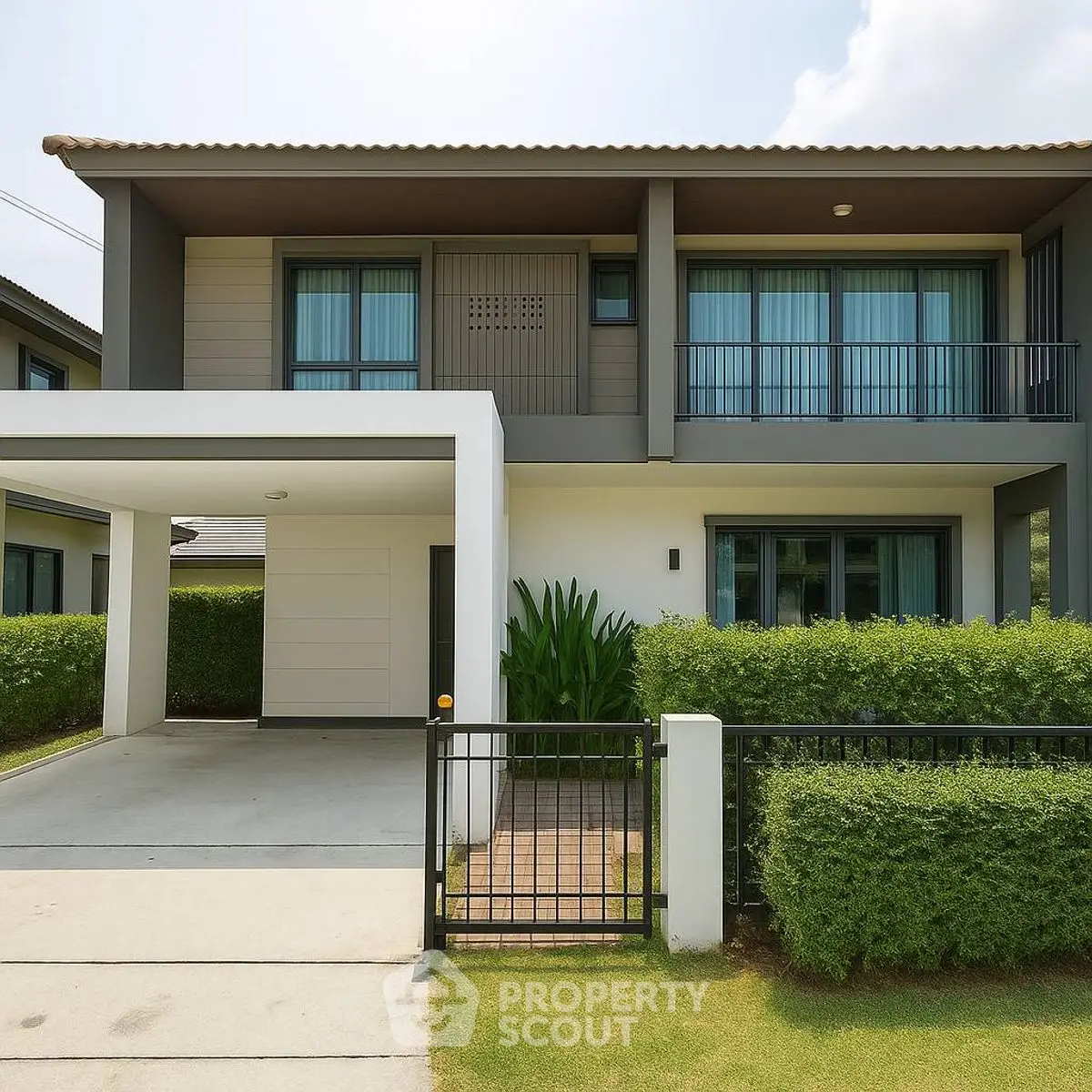 Modern two-story house with sleek design and lush greenery