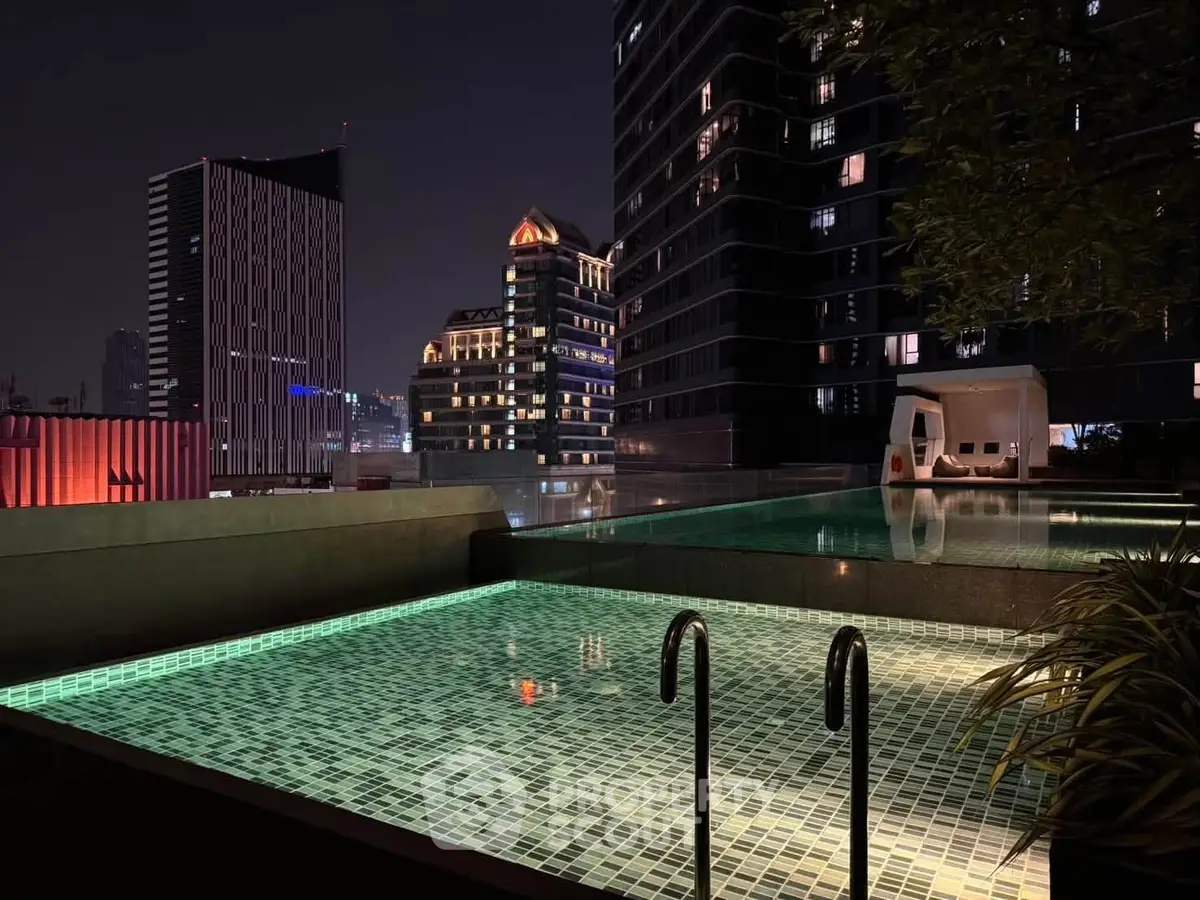 Luxurious rooftop pool with stunning city skyline view at night