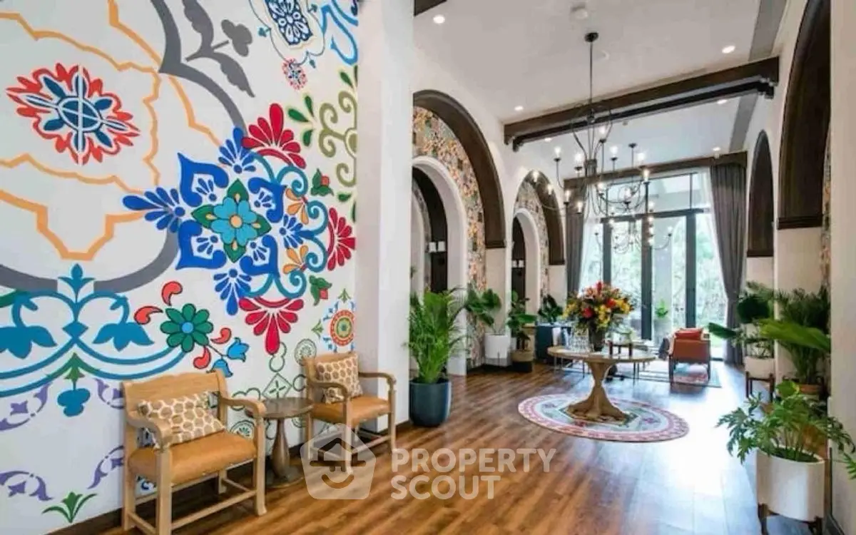 Luxurious living room with vibrant wall art and elegant decor