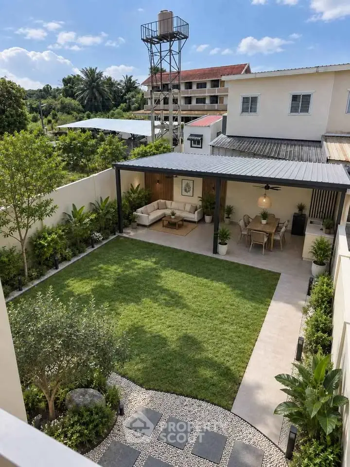 Stunning backyard with lush garden and covered patio, perfect for outdoor relaxation.