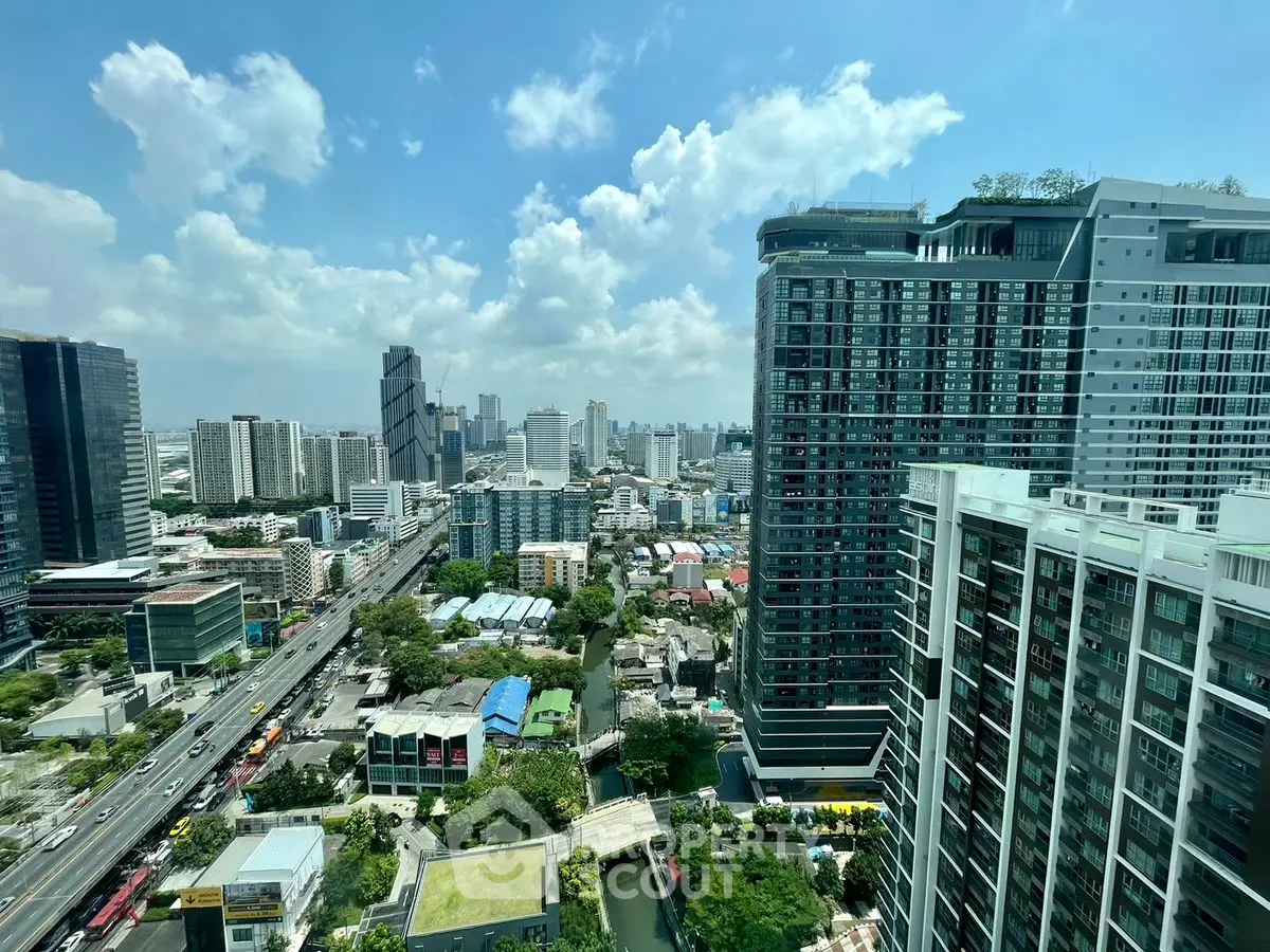 Stunning cityscape view from high-rise building with clear blue sky, showcasing urban skyline.