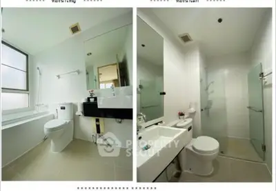 Modern bathroom with sleek fixtures and large mirror in a bright, airy space.