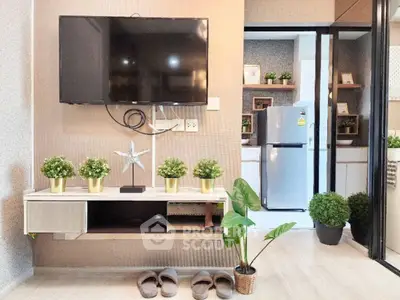 Modern living room with wall-mounted TV and stylish decor