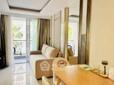Bright living room with modern decor and balcony view