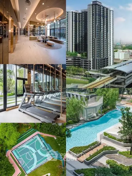 Luxurious high-rise building with gym, pool, and sports court amenities.