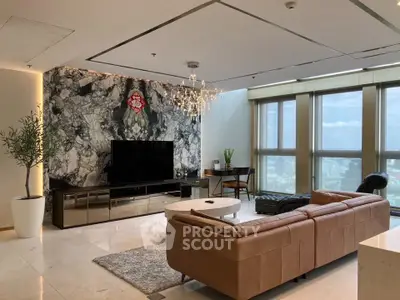 Luxurious living room with panoramic city views, modern decor, and elegant lighting.