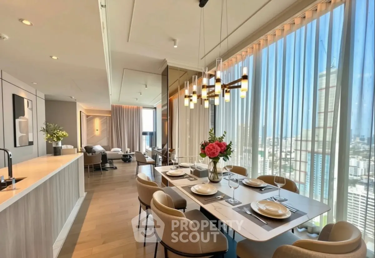 Luxurious open-plan living and dining area with stunning city views and elegant decor.