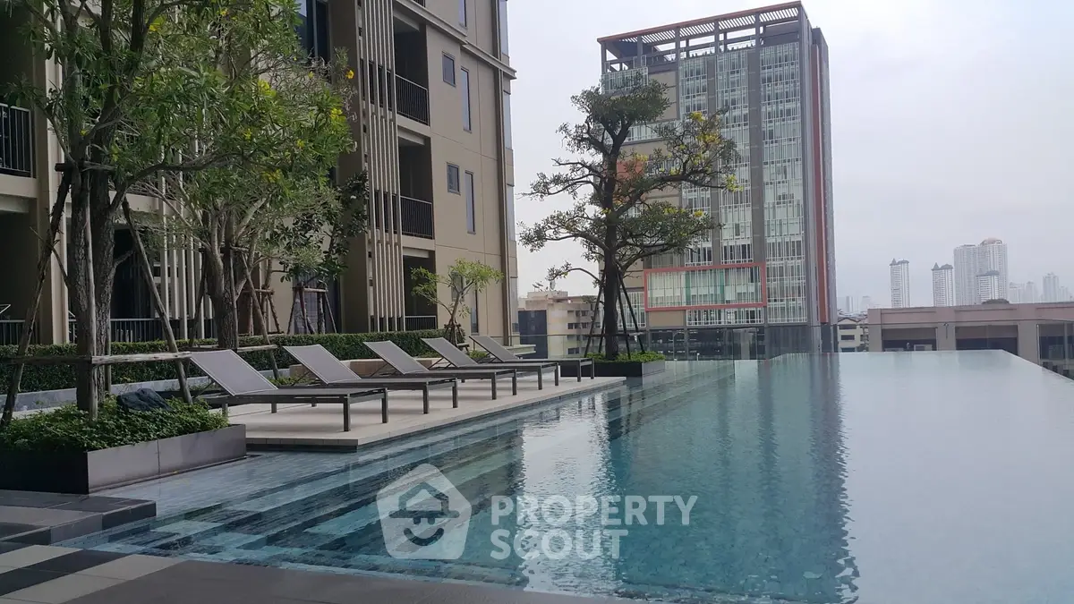 Luxurious rooftop infinity pool with city skyline view in modern apartment complex.