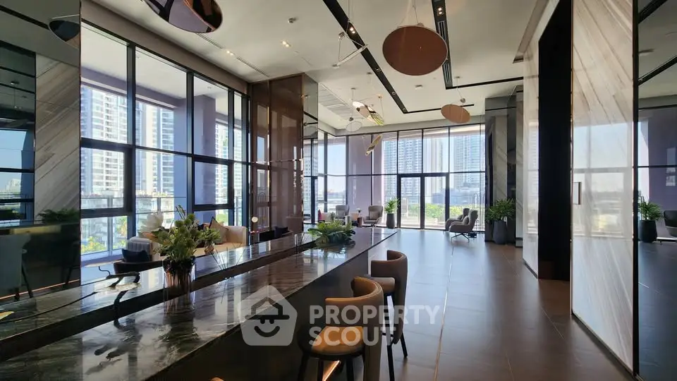 Luxurious modern living room with panoramic city views and elegant decor