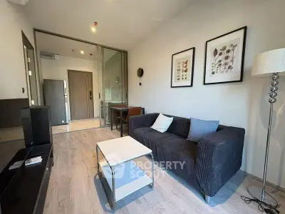 Modern living room with stylish decor and cozy seating area