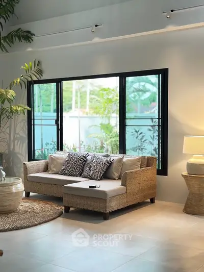 Stylish living room with wicker sofa and large window view