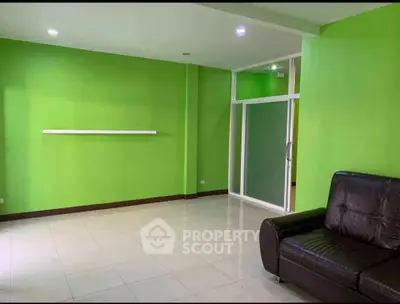 Spacious green-walled room with modern leather sofa and sleek glass door.