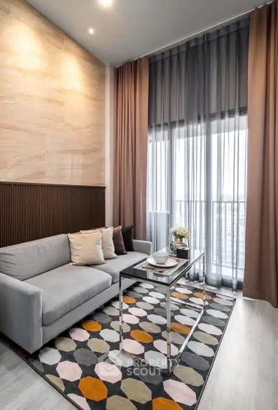 Modern living room with high ceilings and stylish decor
