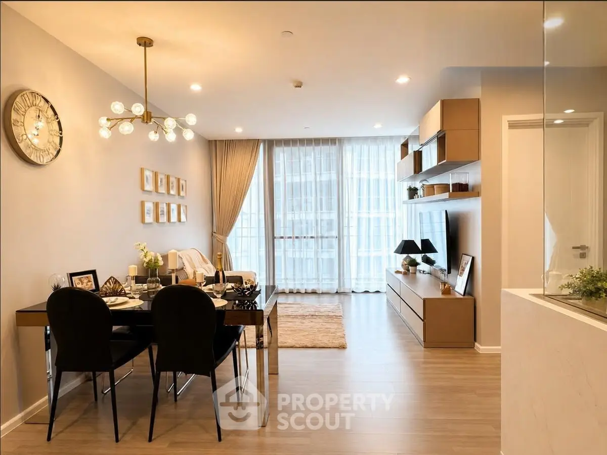 Modern living room with elegant dining area and stylish decor