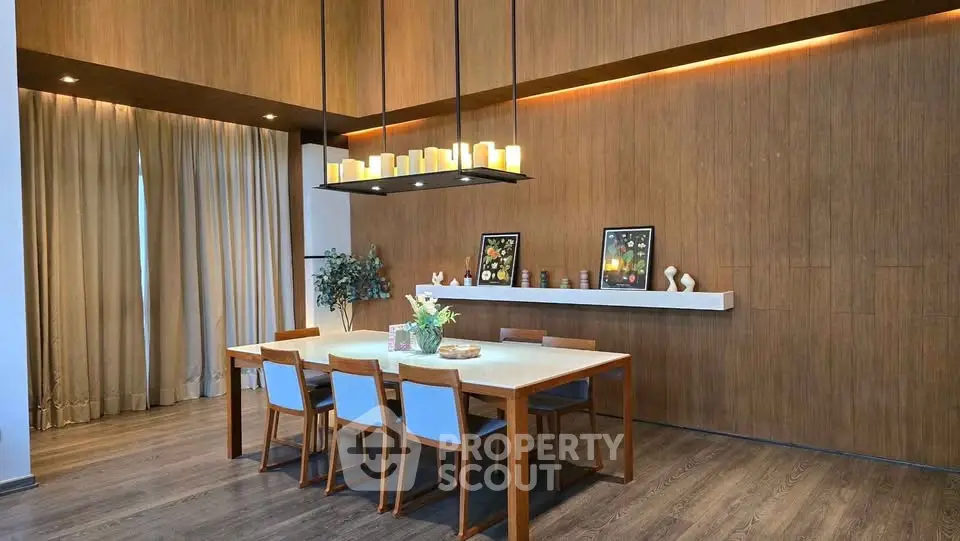 Elegant dining room with modern wooden decor and ambient lighting