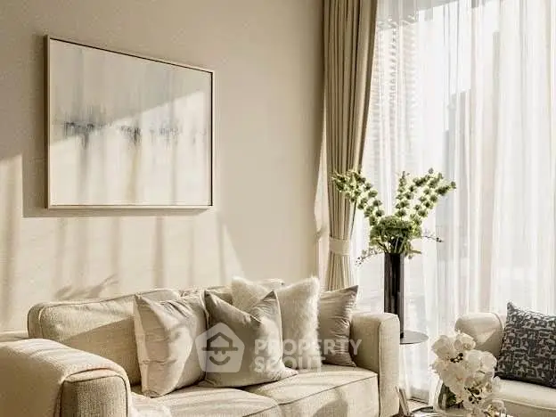 Elegant living room with cozy beige sofa, modern art, and natural light through large windows.