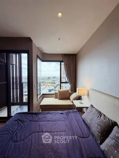 Luxurious bedroom with stunning city view and elegant decor