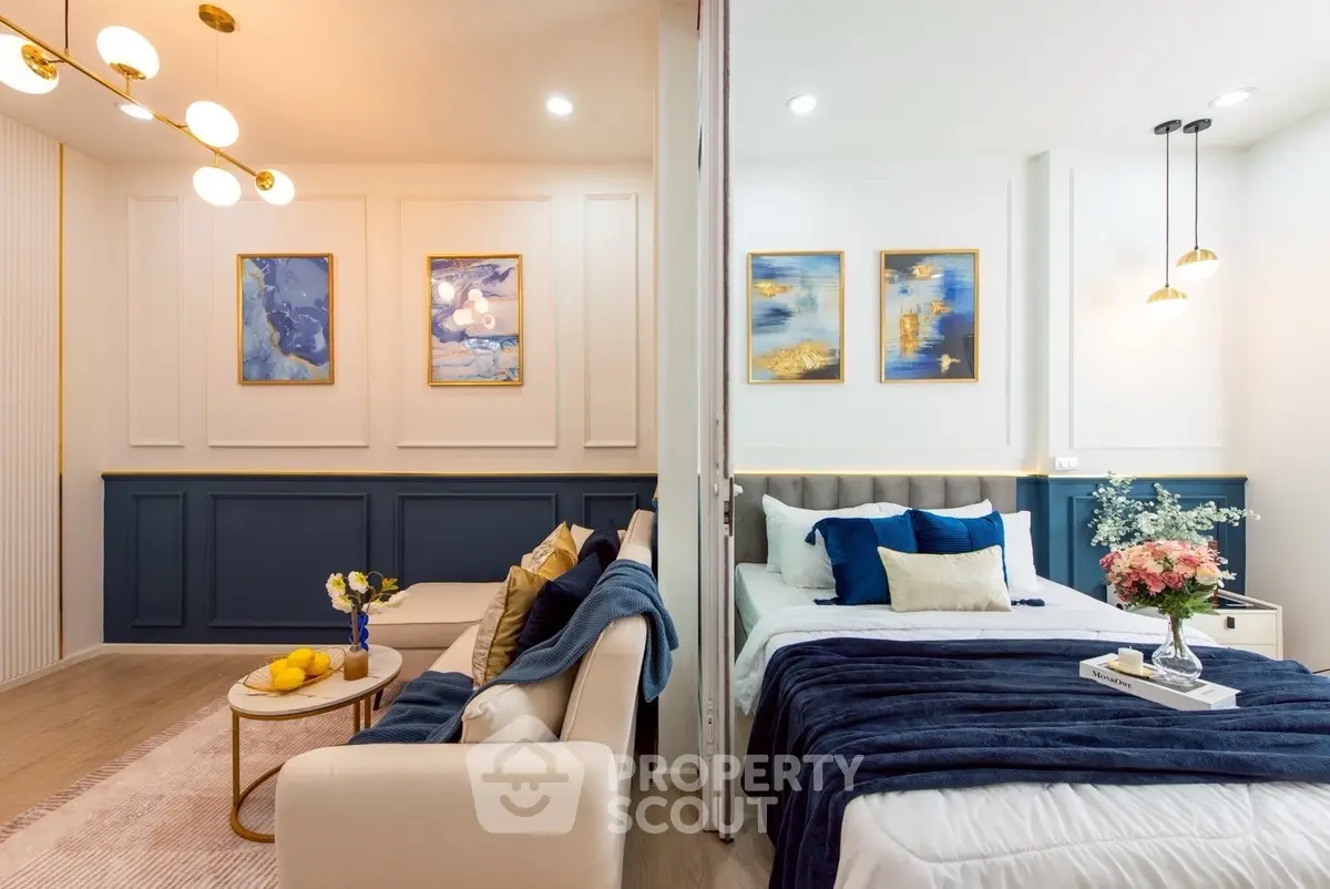 Luxurious modern living room and bedroom with elegant decor and stylish lighting