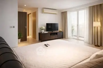 Spacious bedroom with modern decor and balcony access, featuring a sleek TV unit and ambient lighting.
