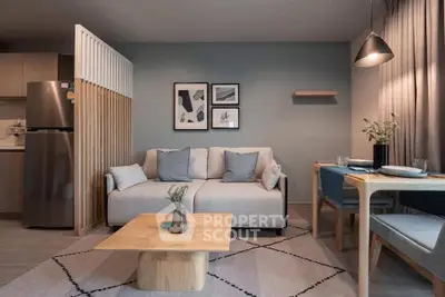 Modern living room with stylish decor, cozy sofa, and dining area in open layout apartment.