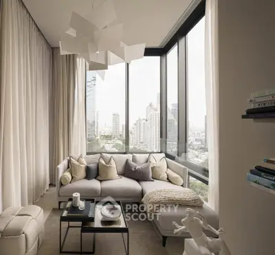 Luxurious living room with panoramic city views and modern decor