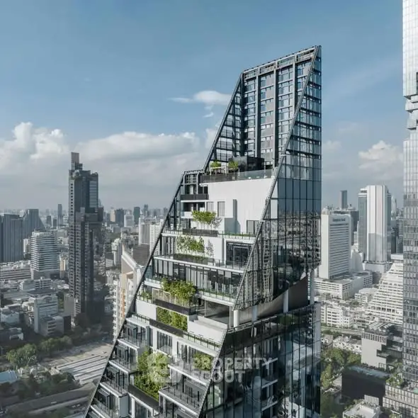 Stunning modern skyscraper with unique architectural design and lush greenery in urban skyline.