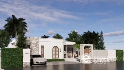 Luxurious modern villa with stone facade and lush greenery, featuring a sleek car parked in the driveway.