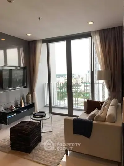 Modern living room with balcony view and stylish decor
