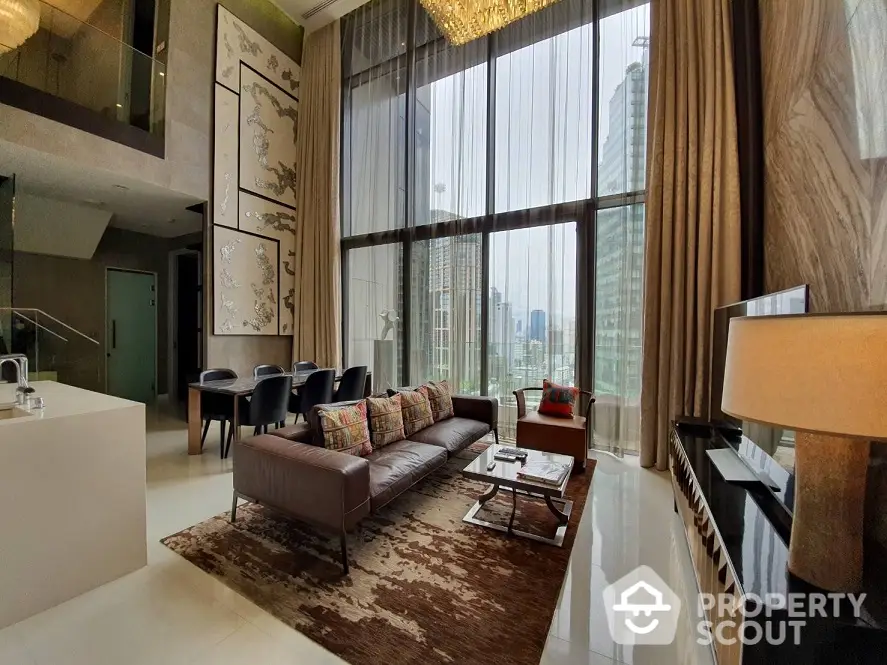 Luxurious high-rise living room with floor-to-ceiling windows offering a panoramic city view, complemented by a modern leather sofa set and elegant decor.