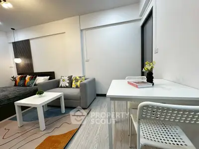 Modern living room with stylish decor and cozy seating area