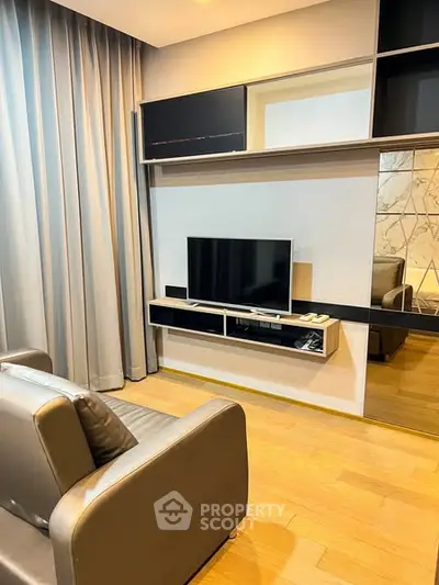 Modern living room with sleek TV setup and stylish decor