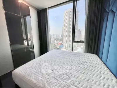 Modern bedroom with city view and sleek design in high-rise apartment