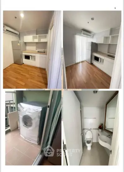 Compact apartment with modern kitchen and bathroom, featuring a balcony with washing machine.