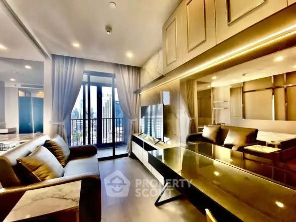 Luxurious modern living room with city view and elegant furnishings