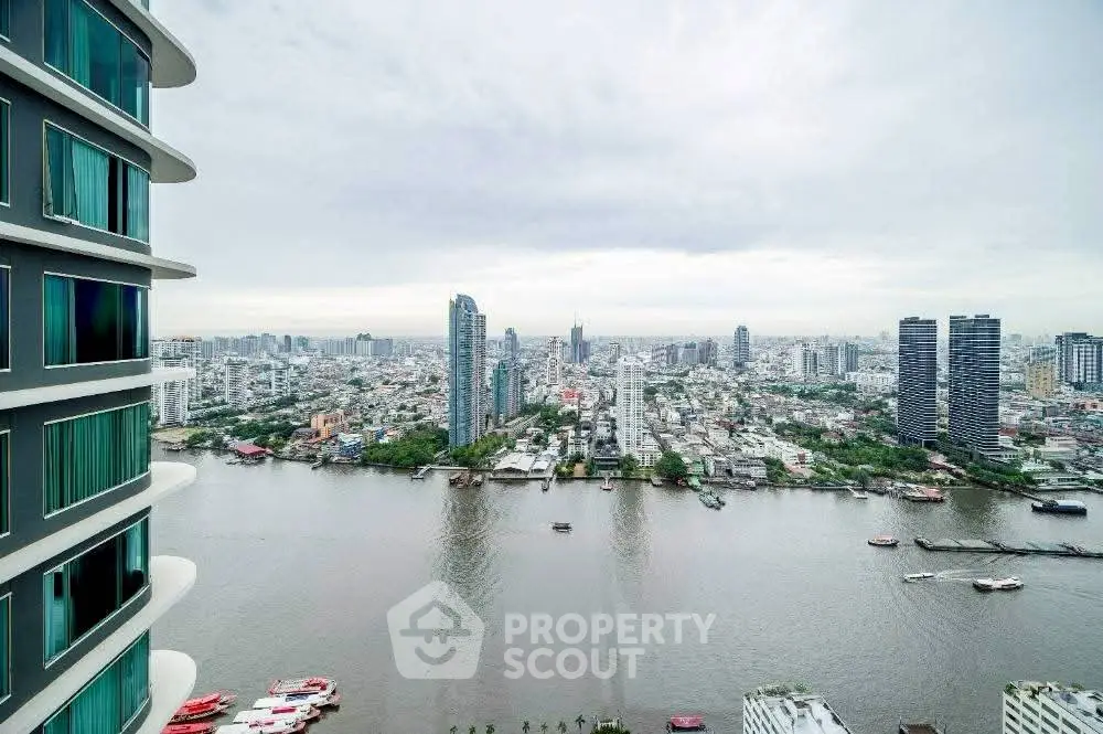 Stunning riverfront cityscape view from high-rise balcony