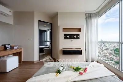Luxurious bedroom with stunning city view and modern decor