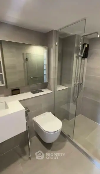 Modern bathroom with sleek fixtures and glass shower enclosure