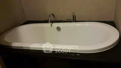 Luxurious bathroom featuring a sleek modern bathtub with elegant fixtures.