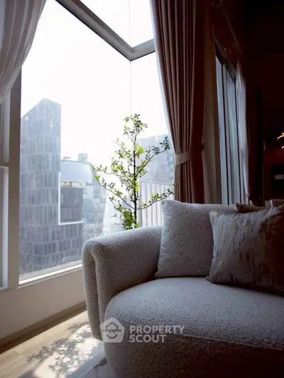 Luxurious modern living room with panoramic city view and elegant decor