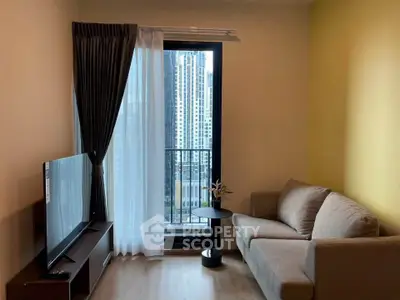 Modern living room with balcony view in urban apartment