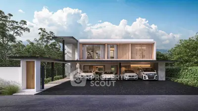 Modern luxury home with sleek design and spacious carport for multiple vehicles.