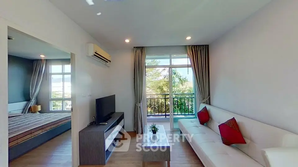 Modern living room with balcony view and stylish decor