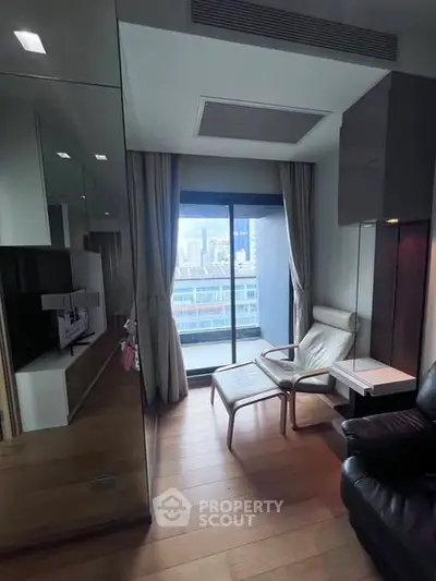 Modern living room with city view and stylish furniture